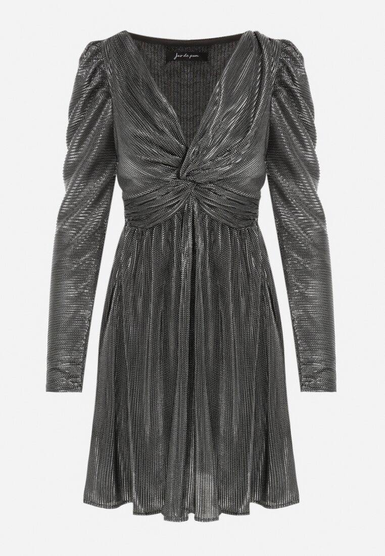 Czarno-Srebrna Sukienka Rozkloszowana z Błyszczącymi Kropkami i Kopertowym Dekoltem z Wiązaniem Afiya