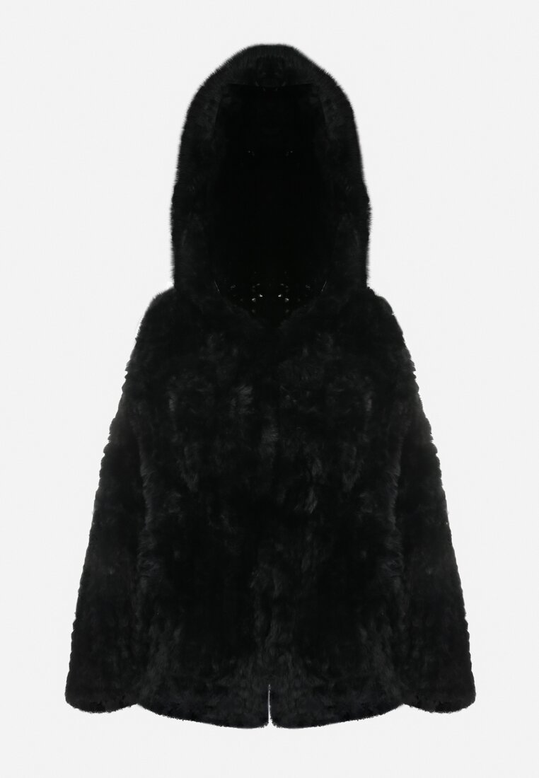 Czarny Płaszcz Krótki Oversize z Futerka Klkhatir