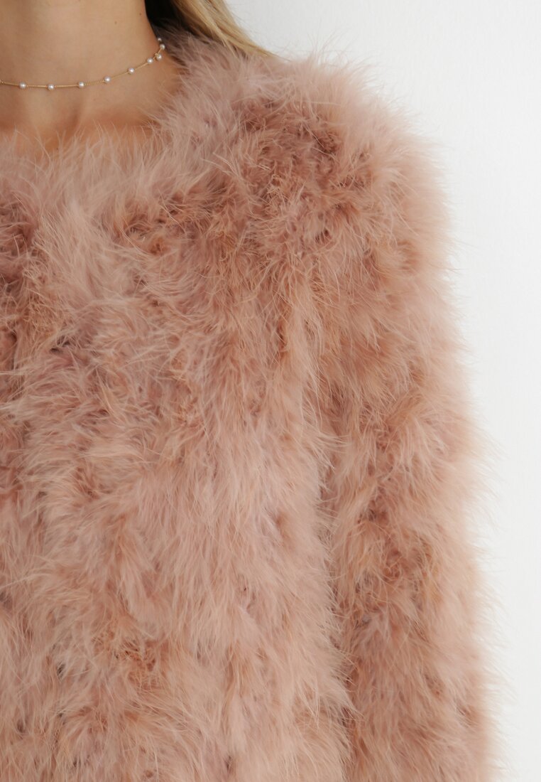 Różowy Płaszcz Krótki z Piórami Rengganis