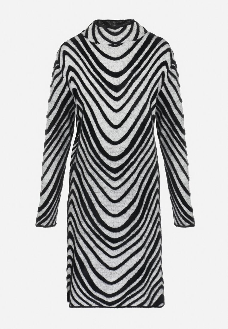 Jasnoszara Sukienka Sweterkowa z Półgolfem Hokoh