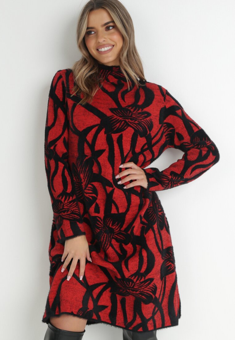 Czerwona Sukienka Sweterkowa w Kwiaty Socce