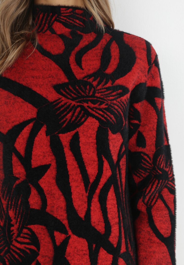 Czerwona Sukienka Sweterkowa w Kwiaty Socce