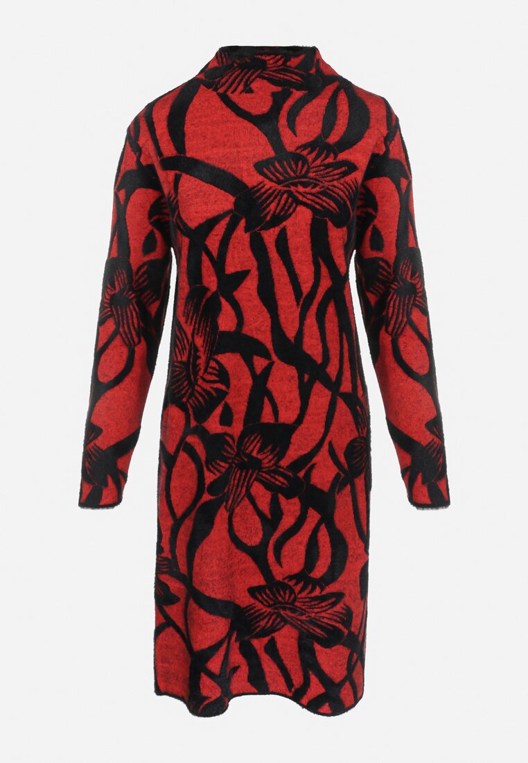 Czerwona Sukienka Sweterkowa w Kwiaty Socce