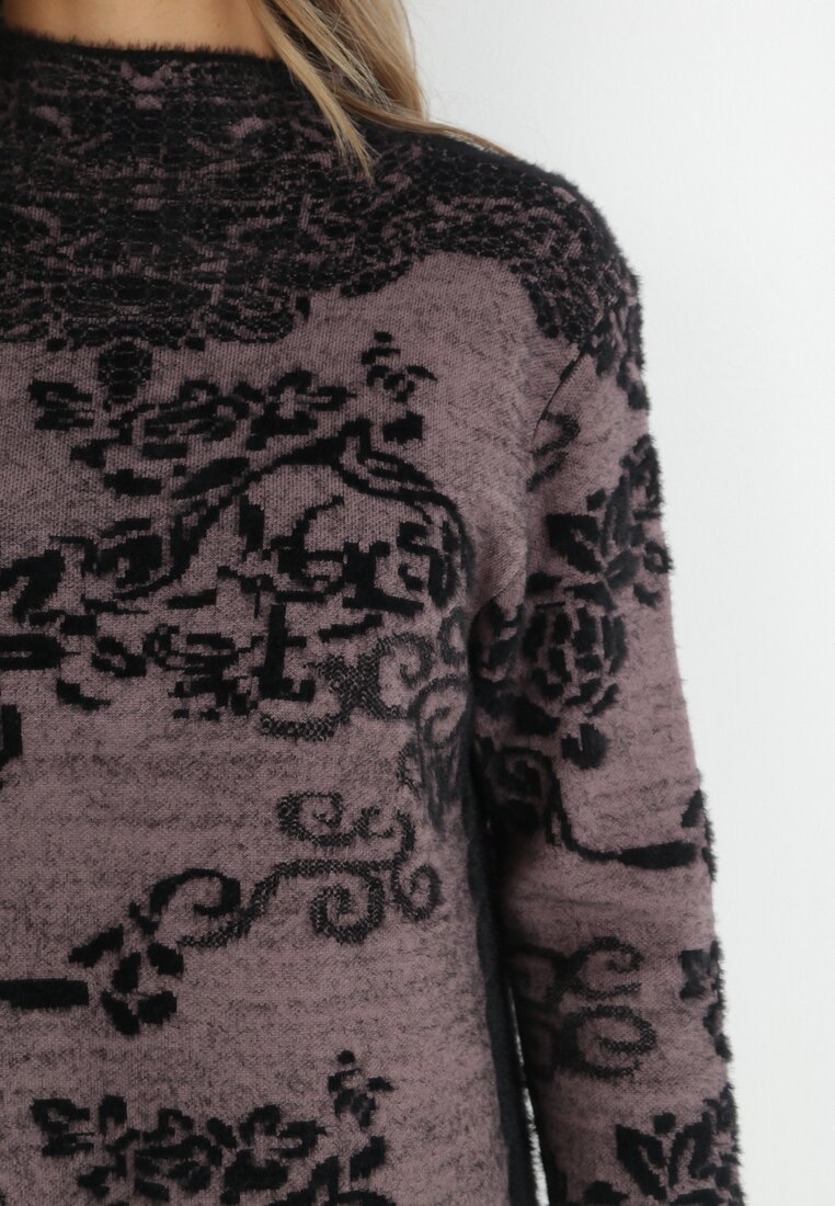 Ciemnofioletowa Sukienka Sweterkowa w Kwiaty z Półgolfem Niku