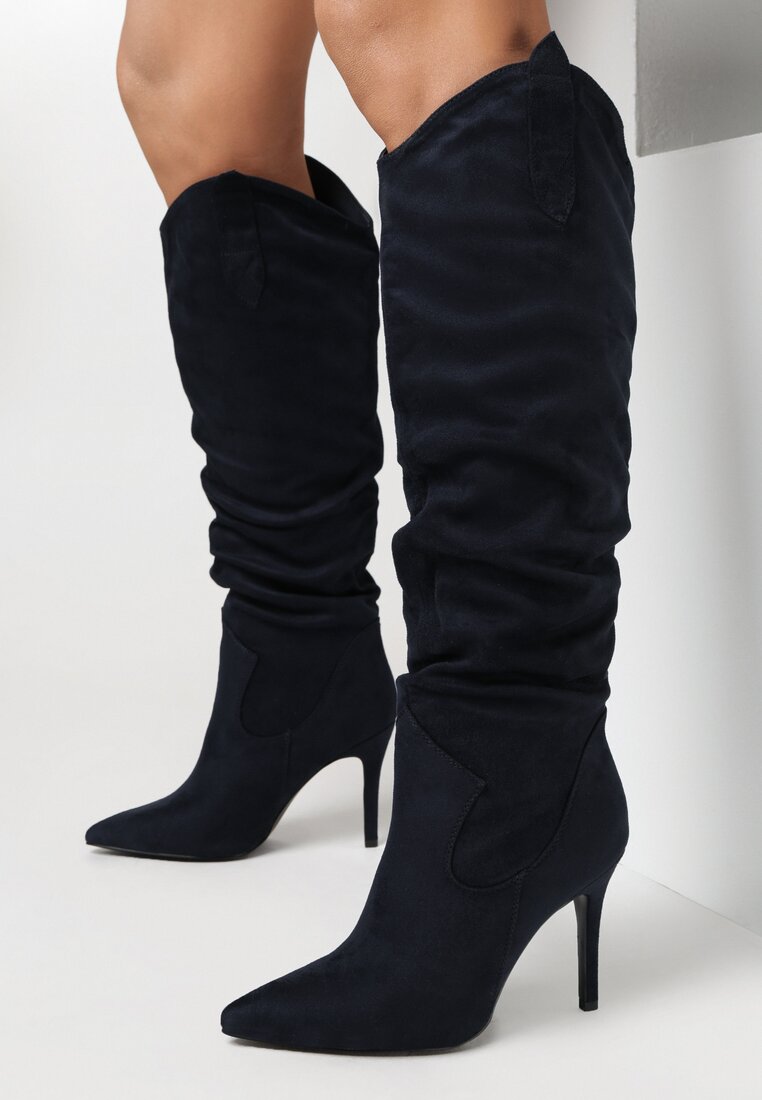 Granatowe Kozaki z Marszczeniem i Szpiczastym Noskiem Gertruda