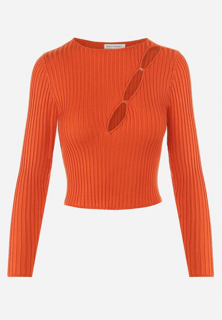 Pomarańczowy Sweter z Prążkowanej Dzianiny z Wycięciami Shermin