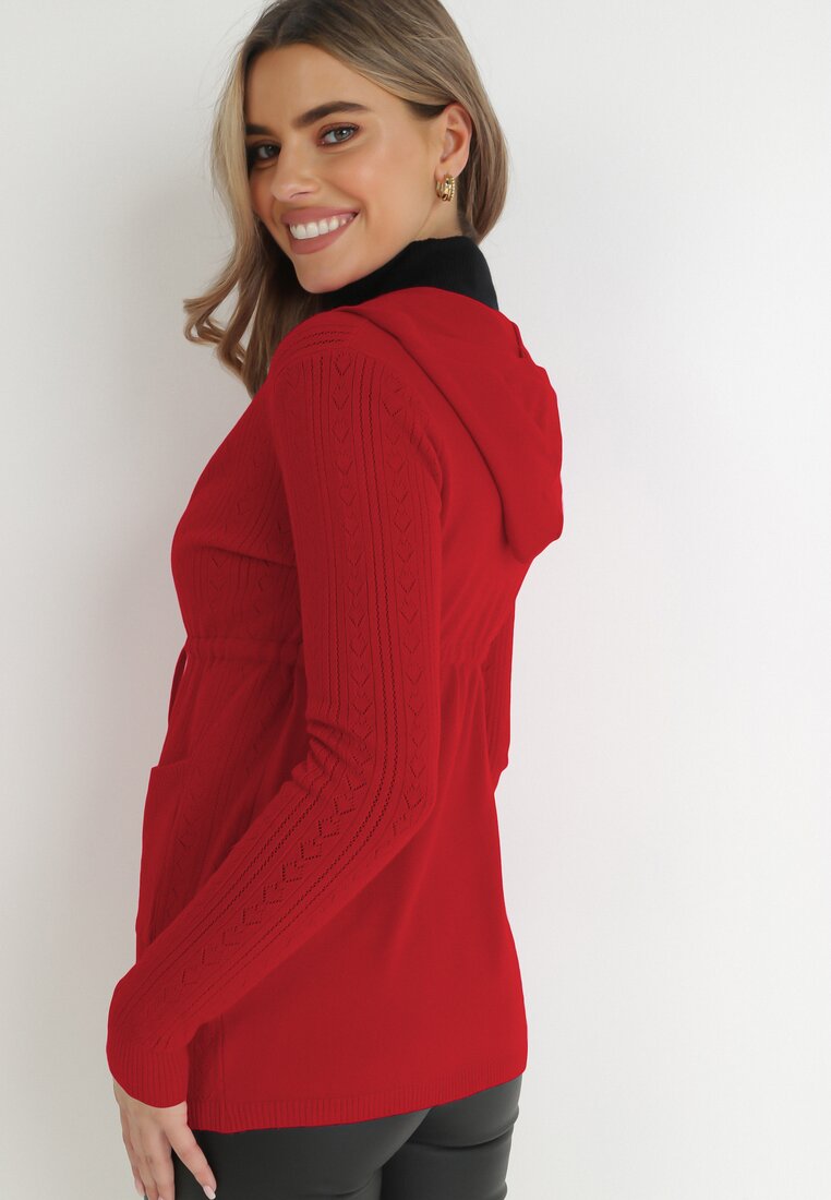 Bordowy Kardigan Ściągany w Pasie z Kapturem Mase