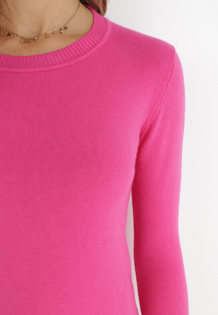 Fuksjowy Sweter z Okrągłym Dekoltem Gładki Irishi