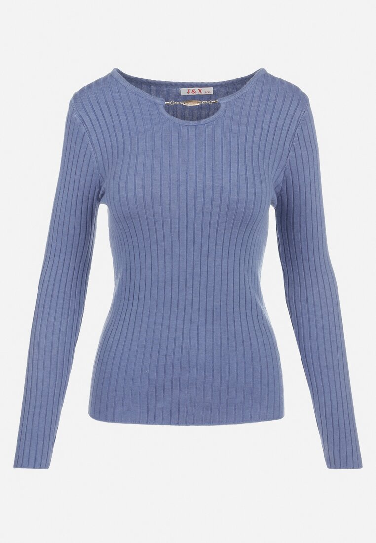 Niebieski Sweter z Krótkim Łańcuszkiem przy Dekolcie Prążkowany Enduyi