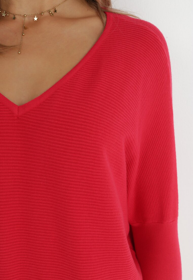 Czerwony Sweter Długi Oversize z Prążkowanej Dzianiny Thessothee