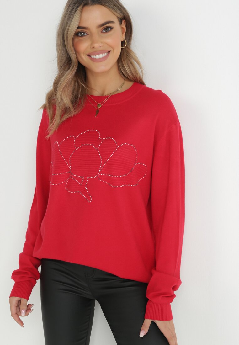Czerwony Sweter Oversize z Cyrkoniami Cama