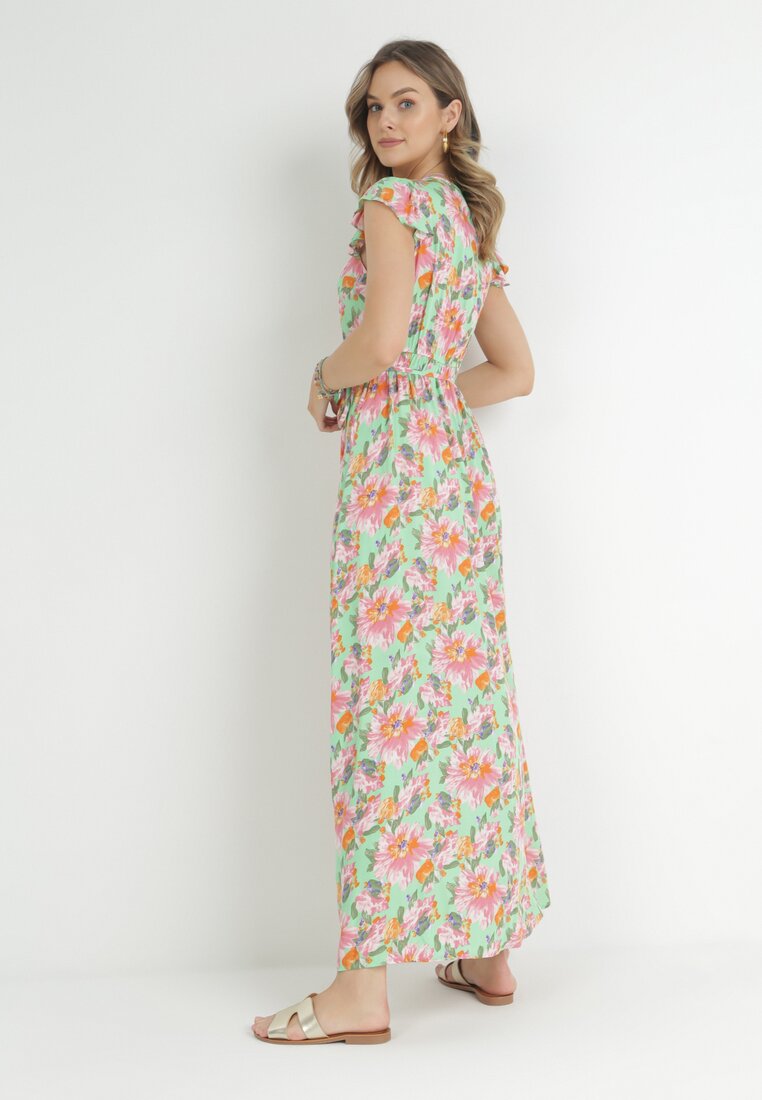 Jasnozielona Sukienka Kopertowa z Gumką w Pasie w Kwiaty Pive