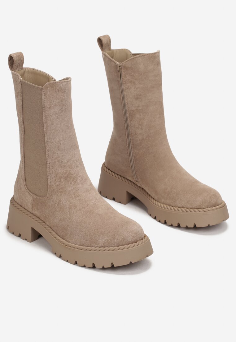 Beżowe Botki Sztyblety z Elastyczną Wstawką Rovea