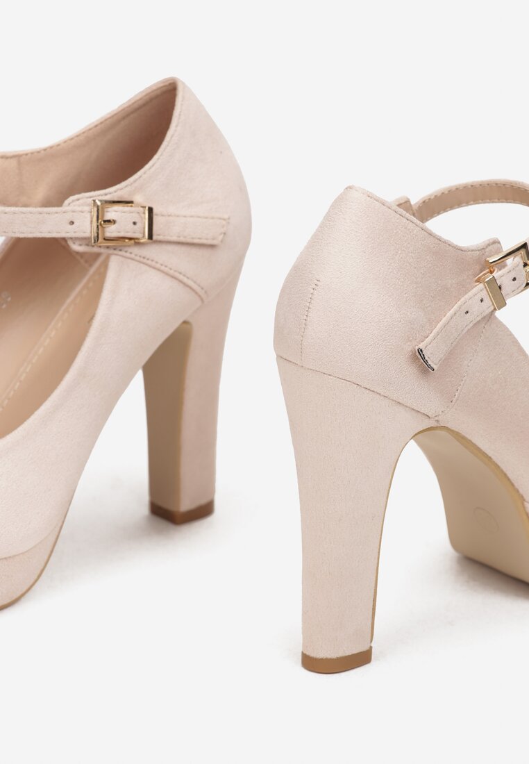 Beżowe Czółenka na Słupku i Platformie z Paskiem Bara