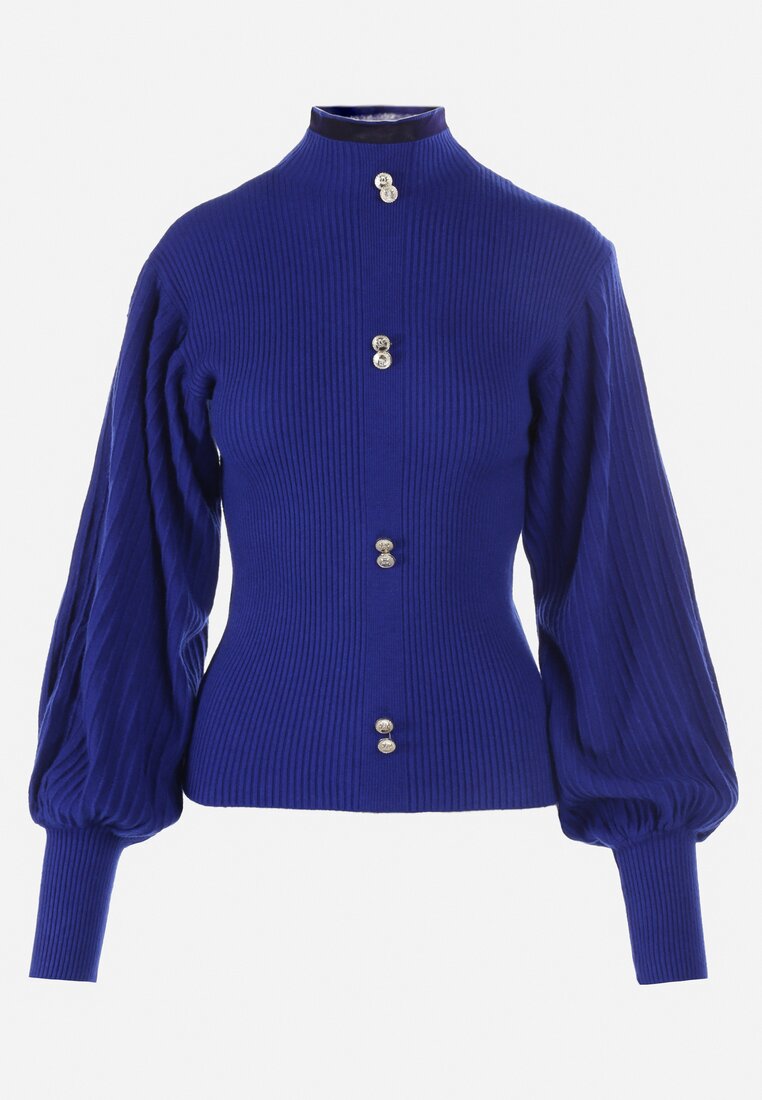 Granatowy Golf z Biżuteryjnymi Guzikami i Bufiastym Rękawem Dama