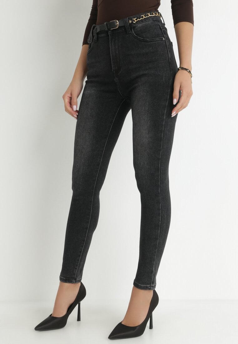 Czarne Jeansy Skinny z Paskiem z Łańcuszkiem Kona