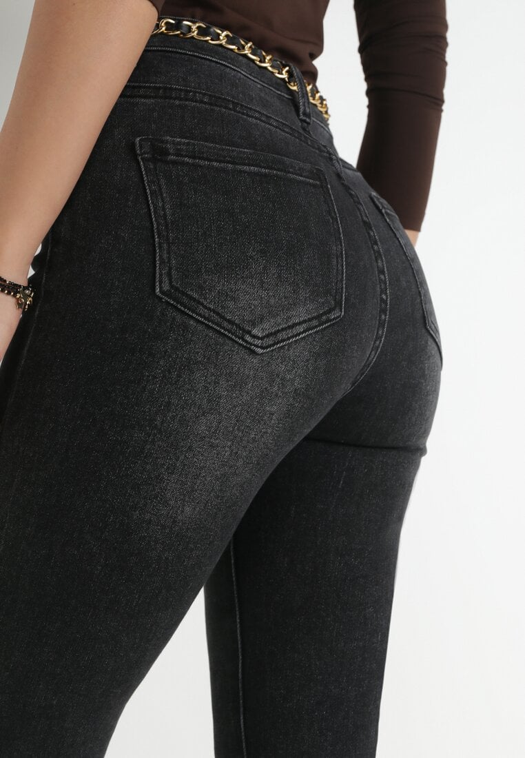 Czarne Jeansy Skinny z Paskiem z Łańcuszkiem Kona