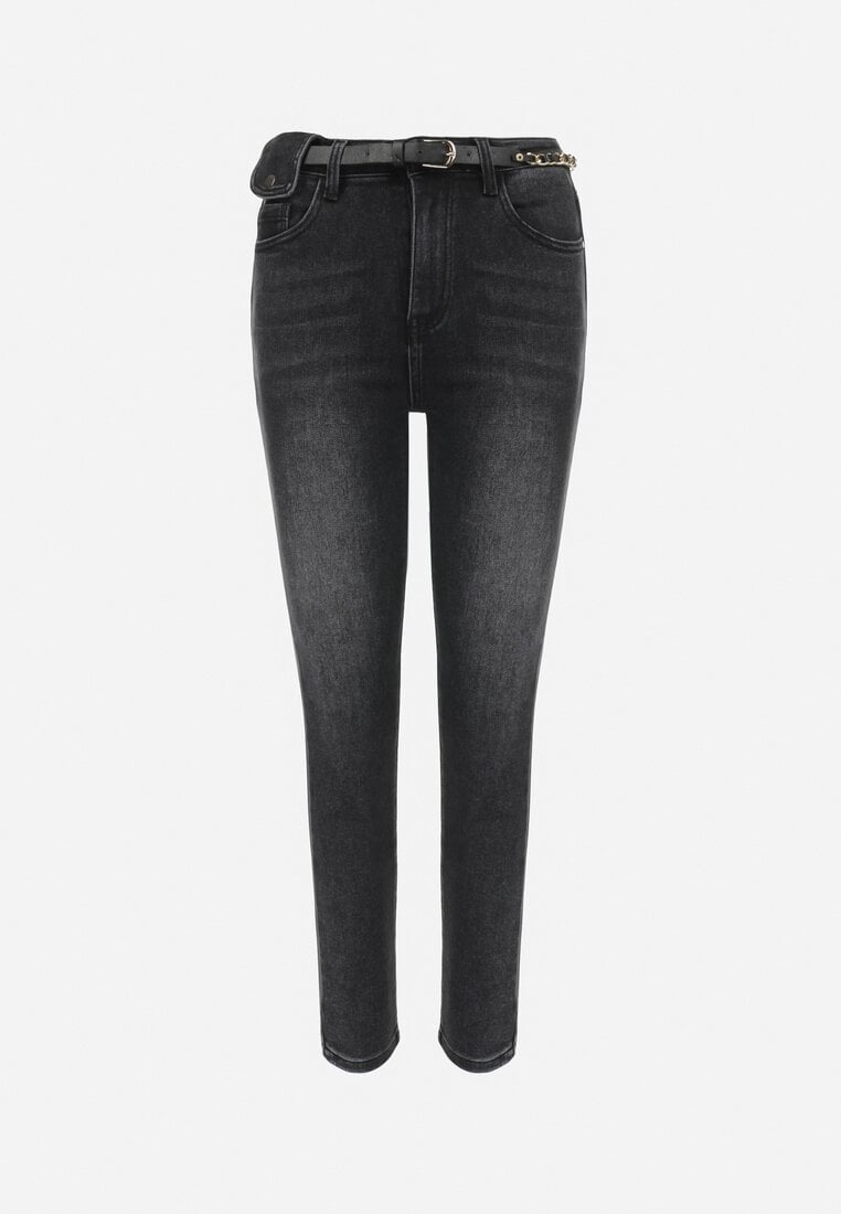 Czarne Jeansy Skinny z Paskiem z Łańcuszkiem Kona