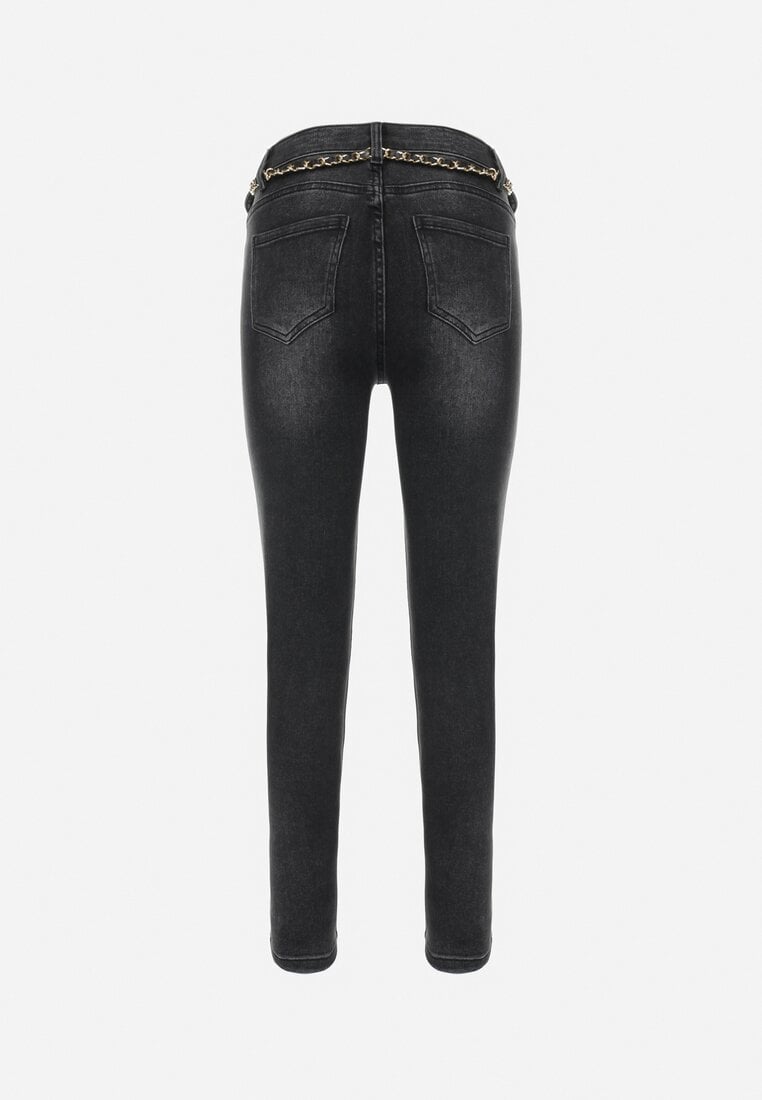 Czarne Jeansy Skinny z Paskiem z Łańcuszkiem Kona