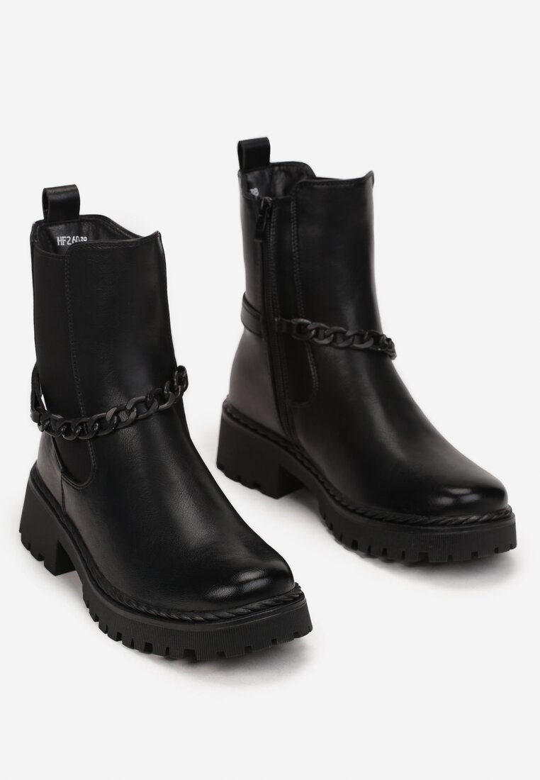 Czarne Botki Sztyblety z Łańcuchem Fazi