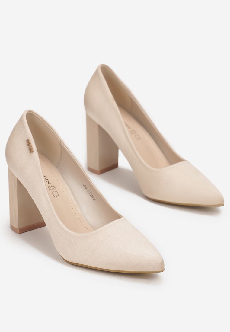 Beżowe Czółenka na Słupku z Wkładką ze Skóry Naturalnej Delo