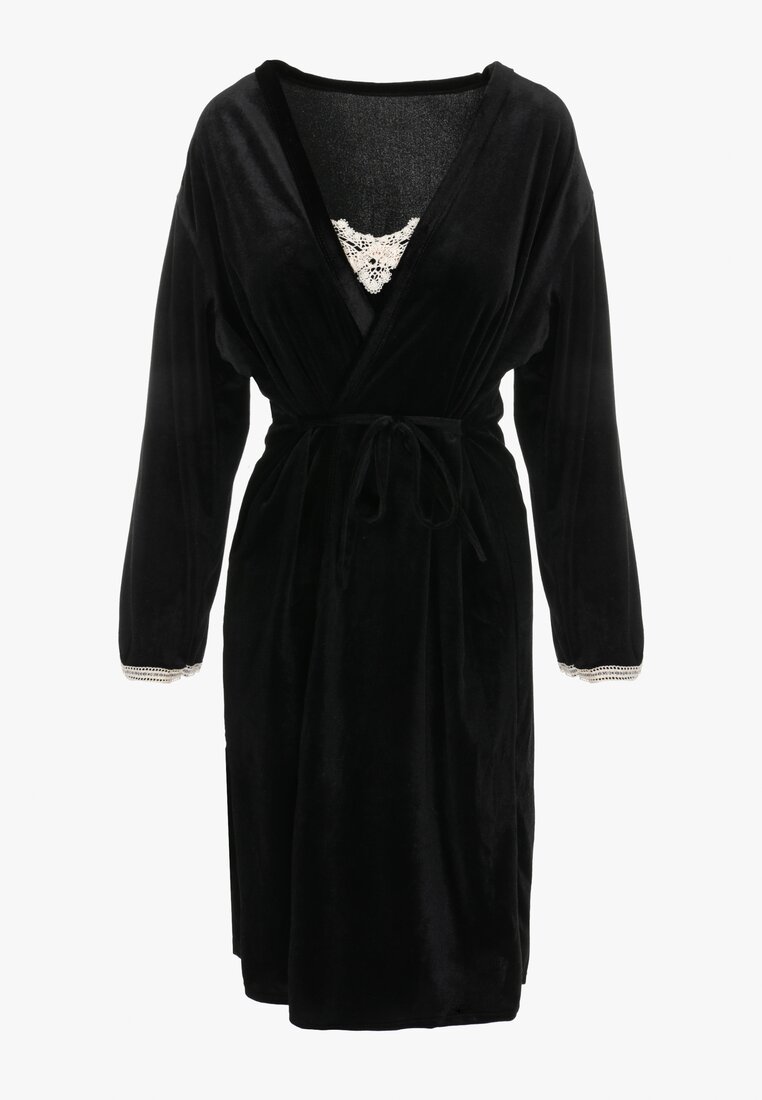 Czarny 2-częściowy Komplet Welurowy Koszula Nocna i Szlafrok Hipheve