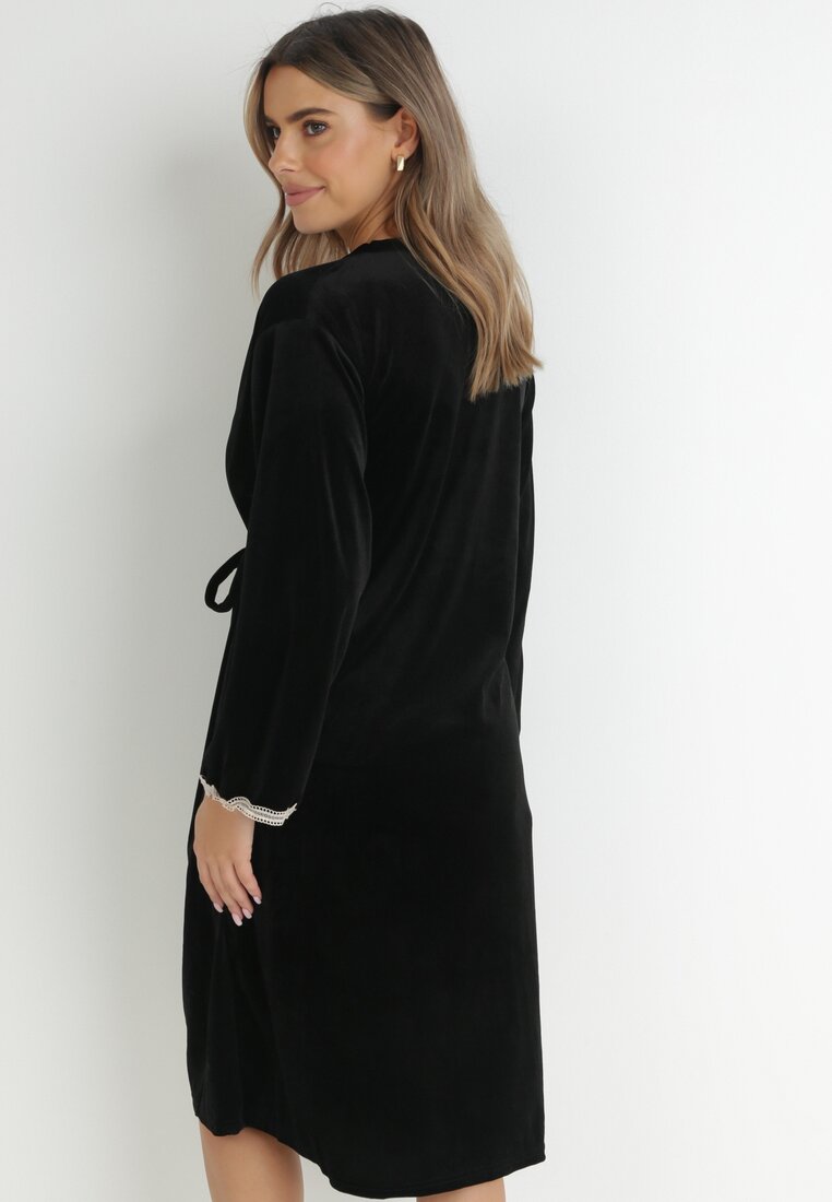 Czarny 2-częściowy Komplet Welurowy Koszula Nocna i Szlafrok Hipheve