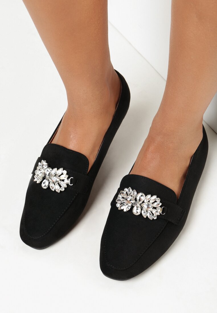 Czarne Mokasyny z Ekozamszu Zdobione Cyrkoniami Berma