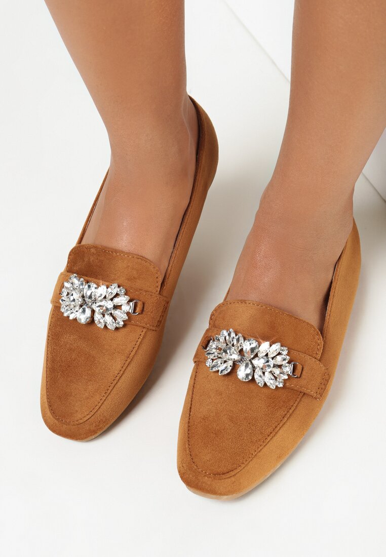 Brązowe Mokasyny z Ekozamszu Zdobione Cyrkoniami Berma