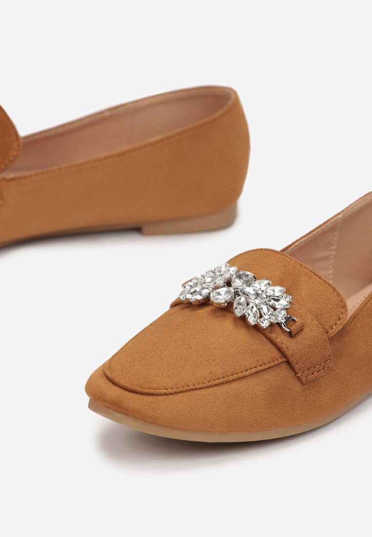 Brązowe Mokasyny z Ekozamszu Zdobione Cyrkoniami Berma