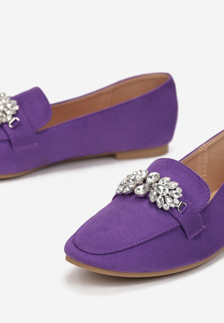 Fioletowe Mokasyny z Ekozamszu Zdobione Cyrkoniami Berma