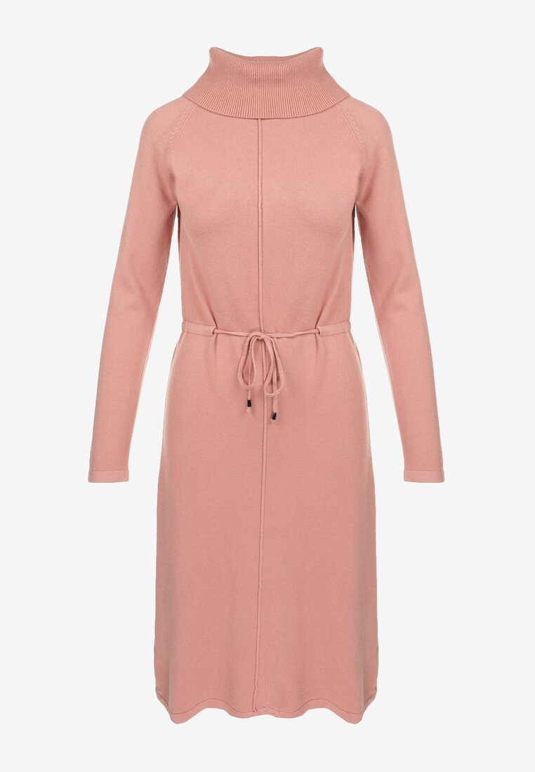 Różowa Sukienka Wełniana i Golfem Wiązana w Talii Metarpia