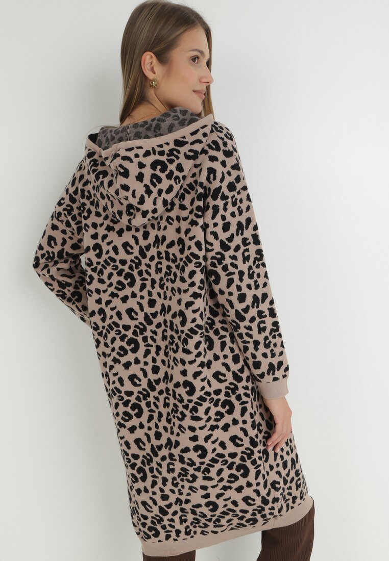 Beżowo-Czarna Sukienka Sweterkowa z Kapturem w Cętki Hinu