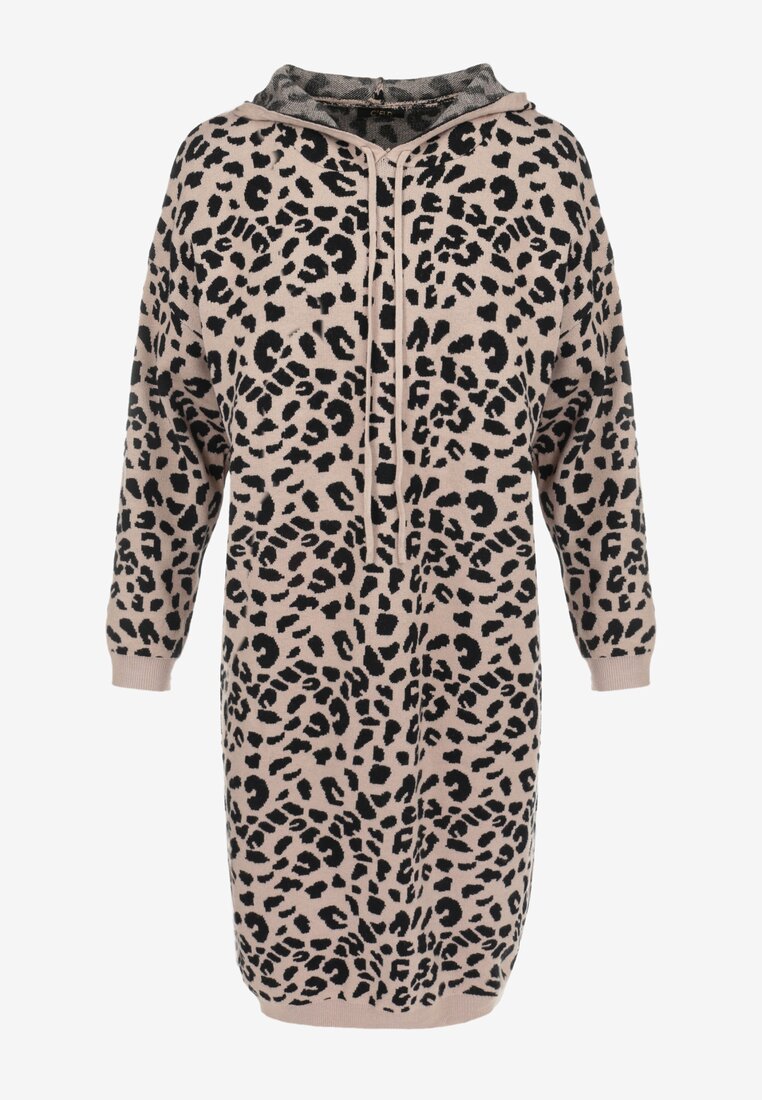 Beżowo-Czarna Sukienka Sweterkowa z Kapturem w Cętki Hinu