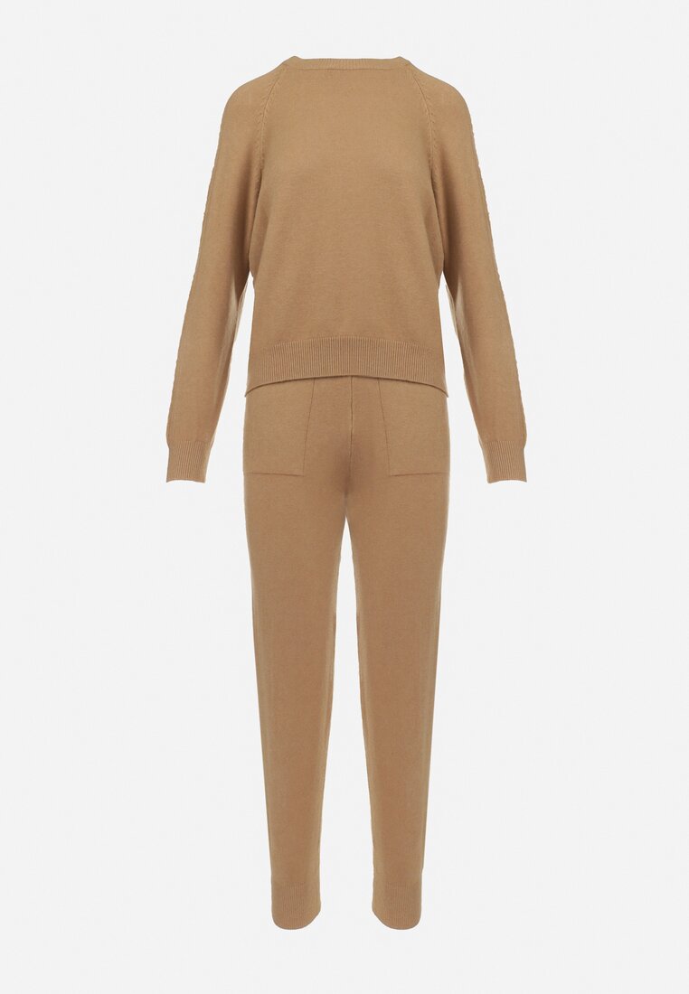 Beżowy 2-częściowy Komplet Dzianinowy ze Swetrem i Spodniami Agathiche