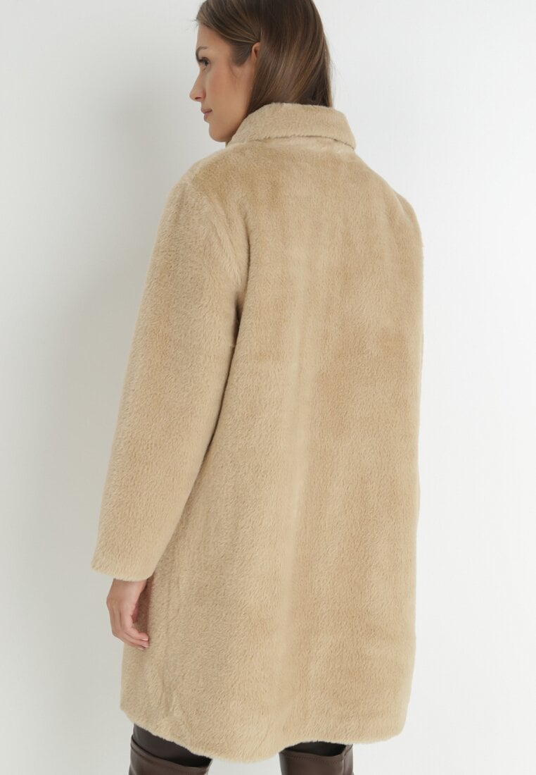 Beżowy Płaszcz Futerkowy Jednorzędowy Raso