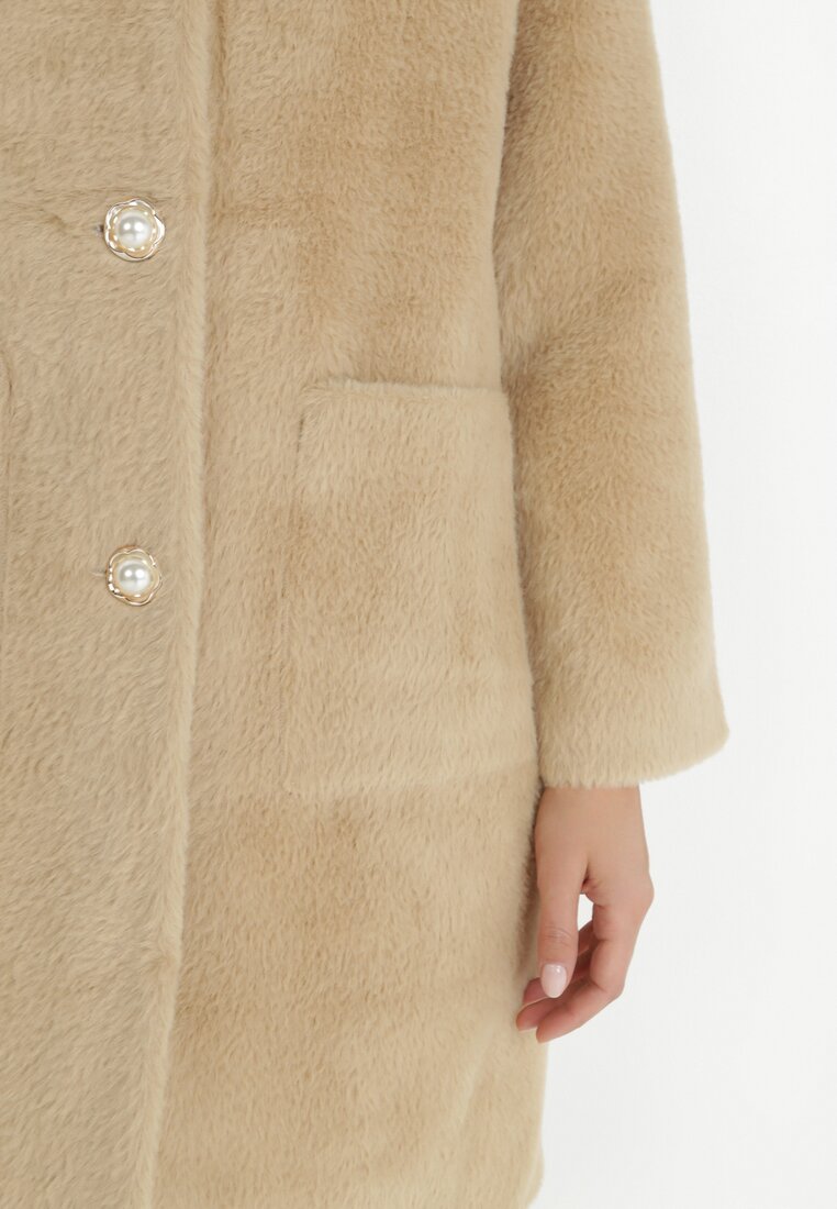 Beżowy Płaszcz Futerkowy Jednorzędowy Raso