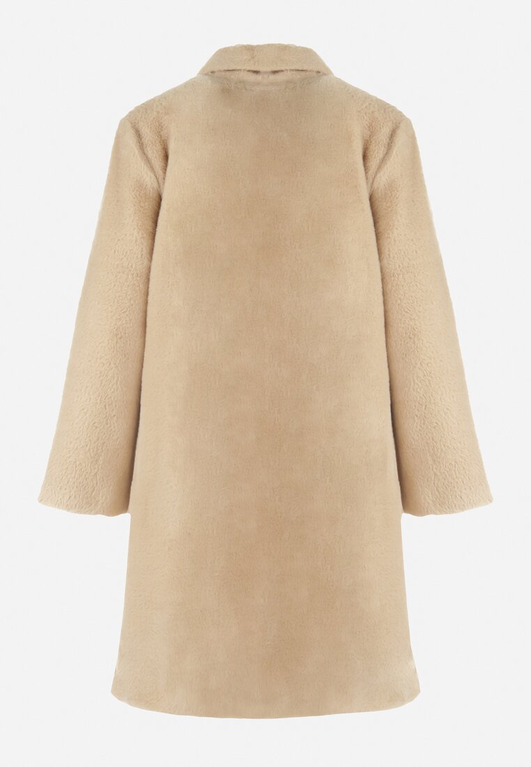 Beżowy Płaszcz Futerkowy Jednorzędowy Raso