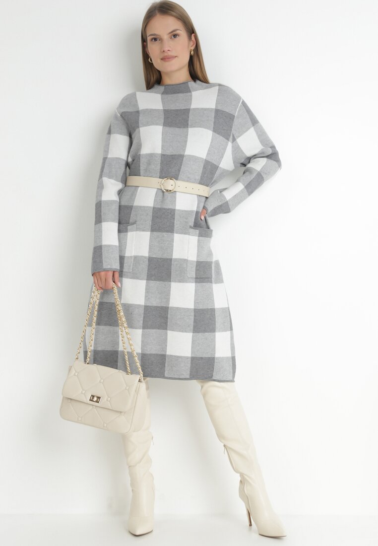 Szara Sukienka Oversize w Kratę Chrysyne