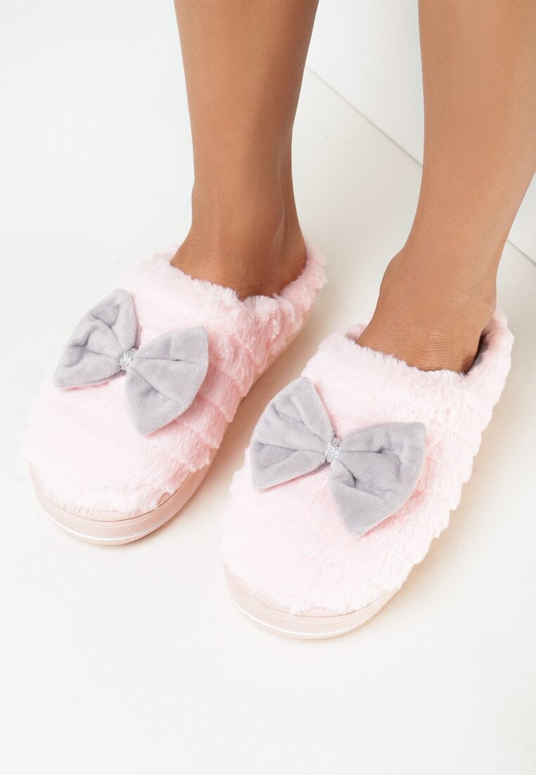 Różowe Kapcie Futrzane z Kokardką na Platformie Leka