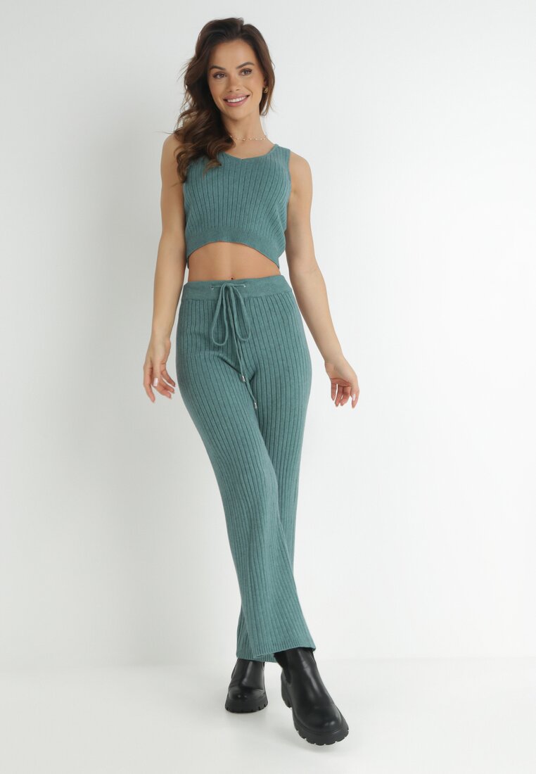 Zielony 3-częściowy Komplet z Prążkowanej Dzianiny Leveri