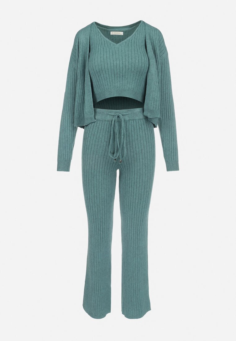 Zielony 3-częściowy Komplet z Prążkowanej Dzianiny Leveri