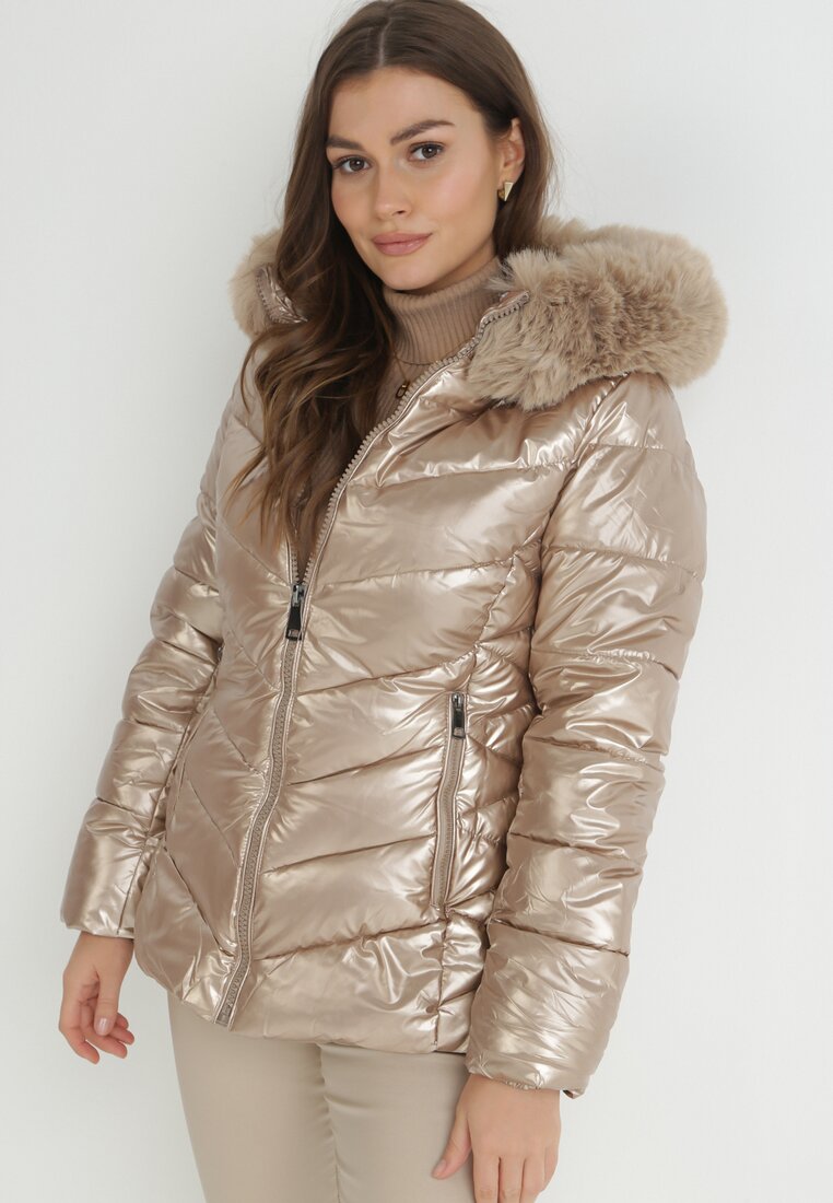 Beżowa Kurtka Pikowana z Odpinanym Futerkiem Hedra