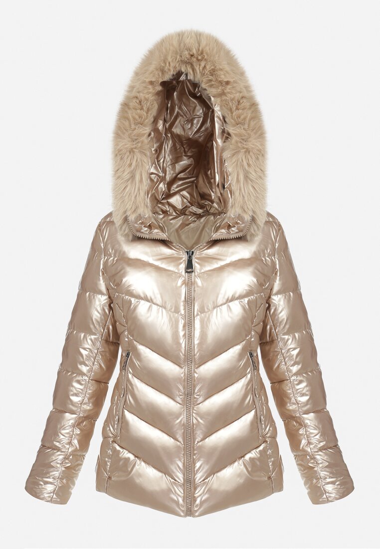 Beżowa Kurtka Pikowana z Odpinanym Futerkiem Hedra