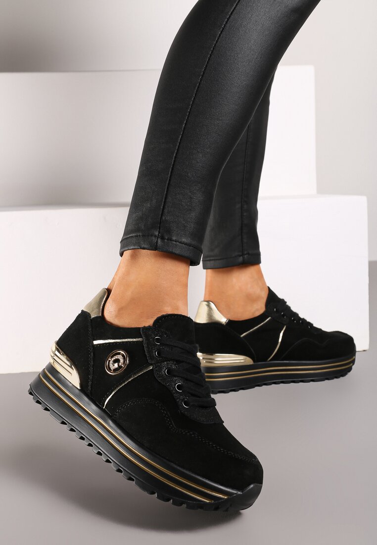 Czarno-Złote Sneakersy ze Skóry Naturalnej na Grubej Podeszwie Neema