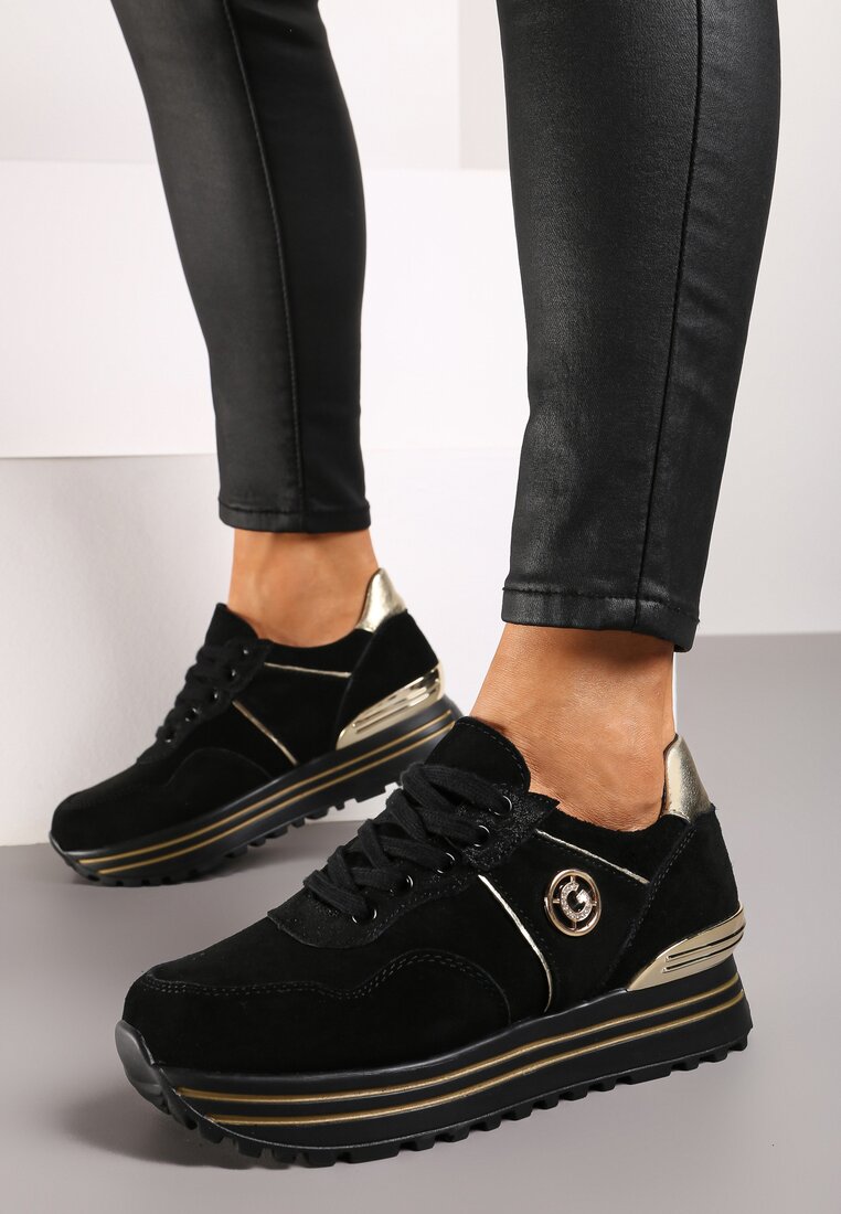 Czarno-Złote Sneakersy ze Skóry Naturalnej na Grubej Podeszwie Neema