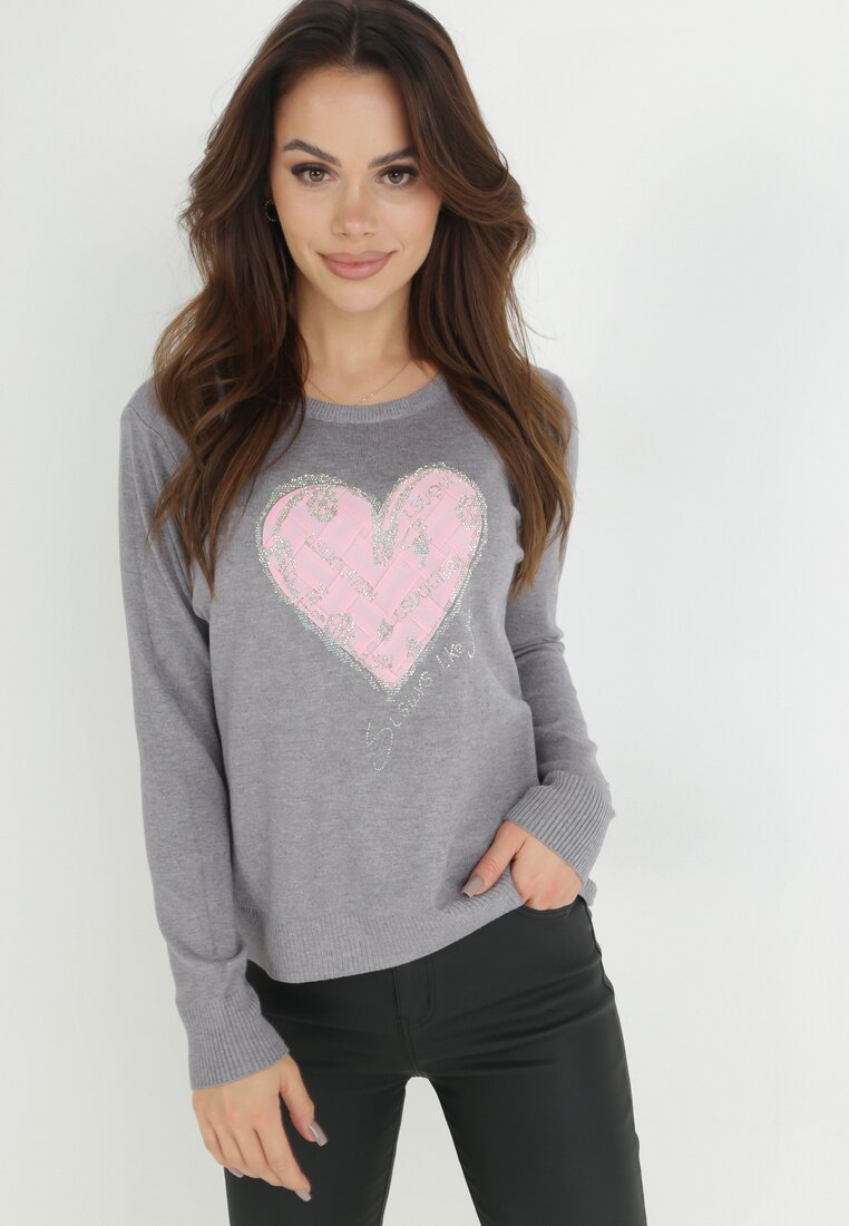 Szary Sweter z Nadrukiem w Kształcie Serca Dalaza