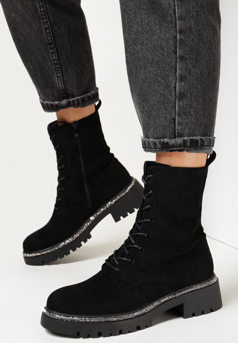 Czarne Botki Zdobione Paskiem z Cyrkoniami Mensa