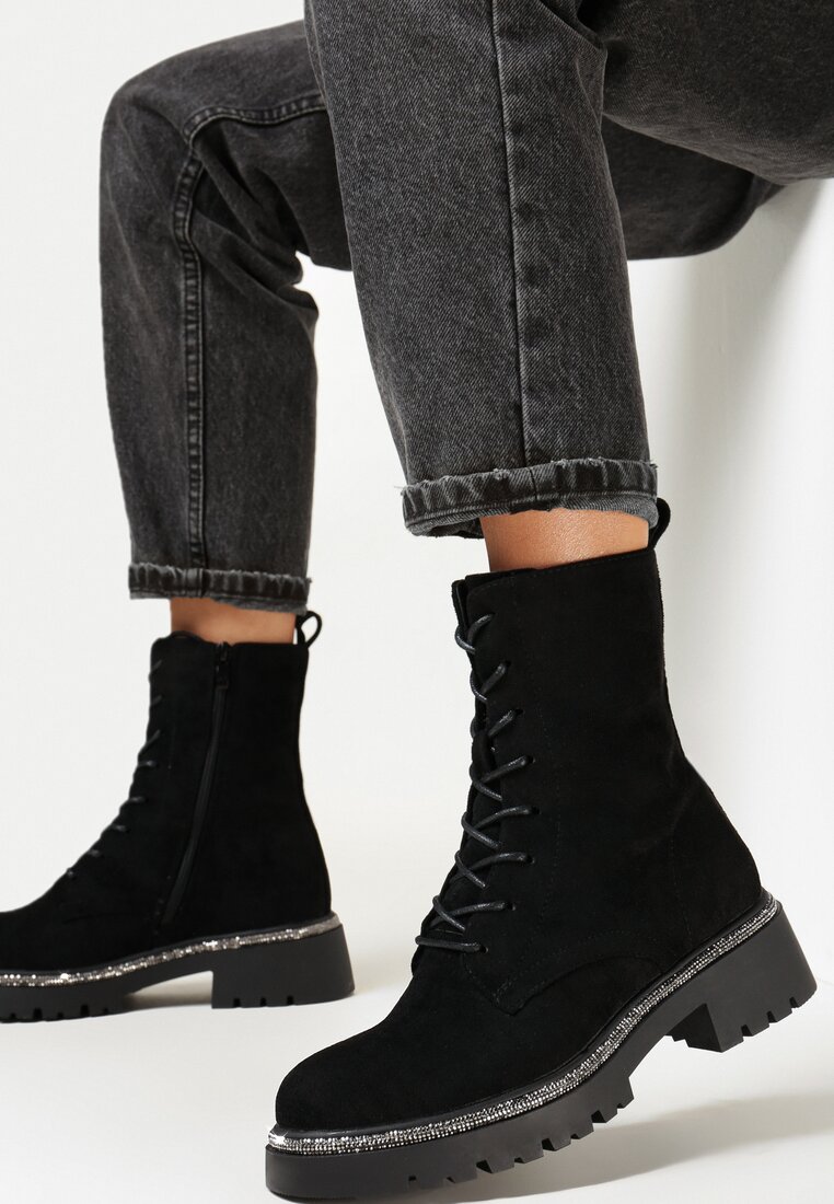 Czarne Botki Zdobione Paskiem z Cyrkoniami Mensa