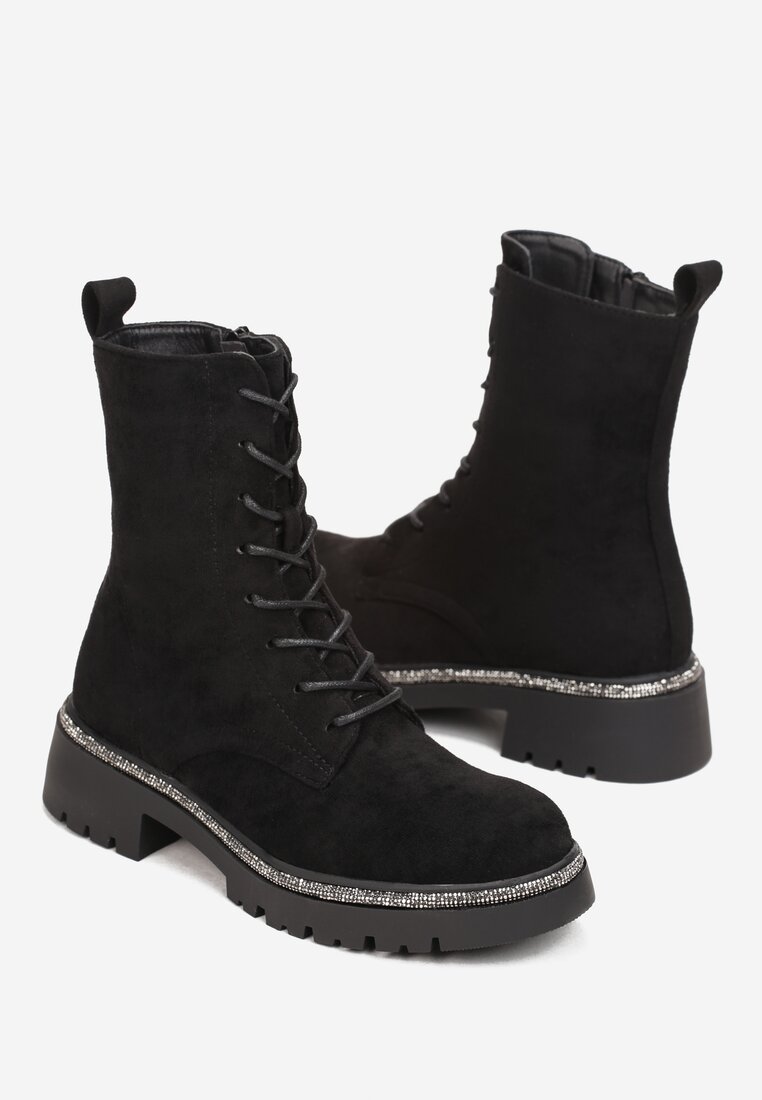 Czarne Botki Zdobione Paskiem z Cyrkoniami Mensa